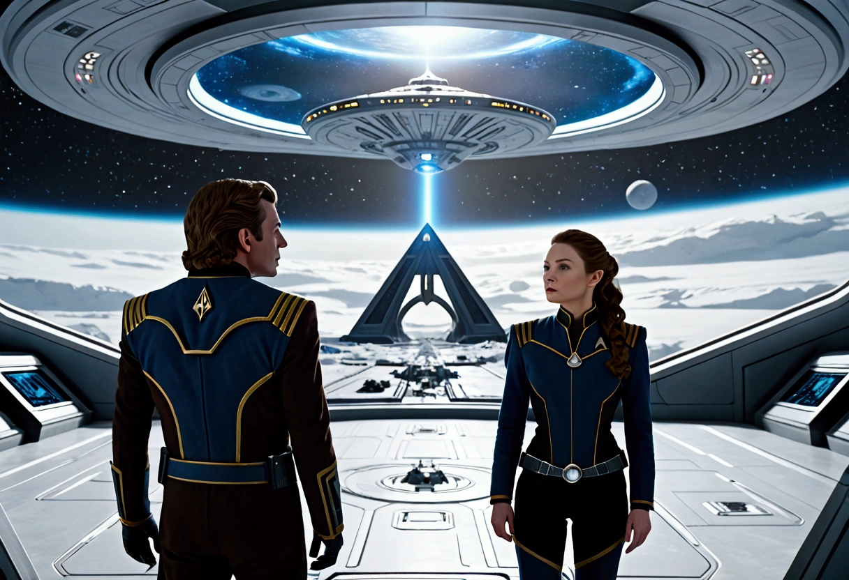 "The realistic photograph taken on the Star Trek-style bridge is illuminated by the soft light of holographic screens floating in the air, displaying constantly moving data and graphics. The captain, standing in the center, surveys the galaxy with a mix of wonder and determination, while her crew works diligently at their stations, adjusting controls and analyzing the information displayed in front of them. In the background, the ship's curved walls are adorned with Druid symbols and the ship is named "ENIGMA" and the emblems of its mission, reflecting the advanced technology and purpose of the expedition. On the horizon of the main screen, the unknown galaxy appears immense, its hazy colors suggesting secrets and mysteries yet to be discovered." 4k, realistic, hyper-realistic.(detailed, 8k, photorealistic, cinematic lighting, dramatic lighting), (snowy apocalyptic winter landscape), (an alien couple in interstellar police uniforms, beautiful futuristic formal clothing, 2, beautiful european features, cleavage, long wavy brown hair blowing in the wind, intense gaze, elegant pose), (background of 2 "star trek voyager" style interstellar ships exploding due to invasion, high-tech imperial star wars ship going down shooting at people running due to ships explosions, cold icy environment, many people running around the ship), ((on the uniform they wear a pyramid-shaped druid logo and below it has the legend with the words "Humanoid Galactic Federation")).