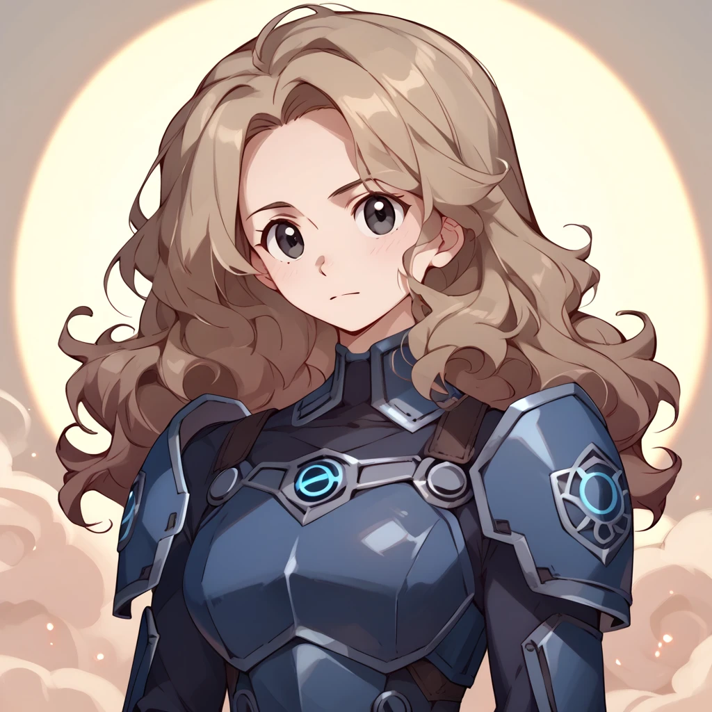 Big black eyes, aura, long light brown wavy hair, black and blue sci-fi armor, Sci-fi style, high quality, atmosphere, war