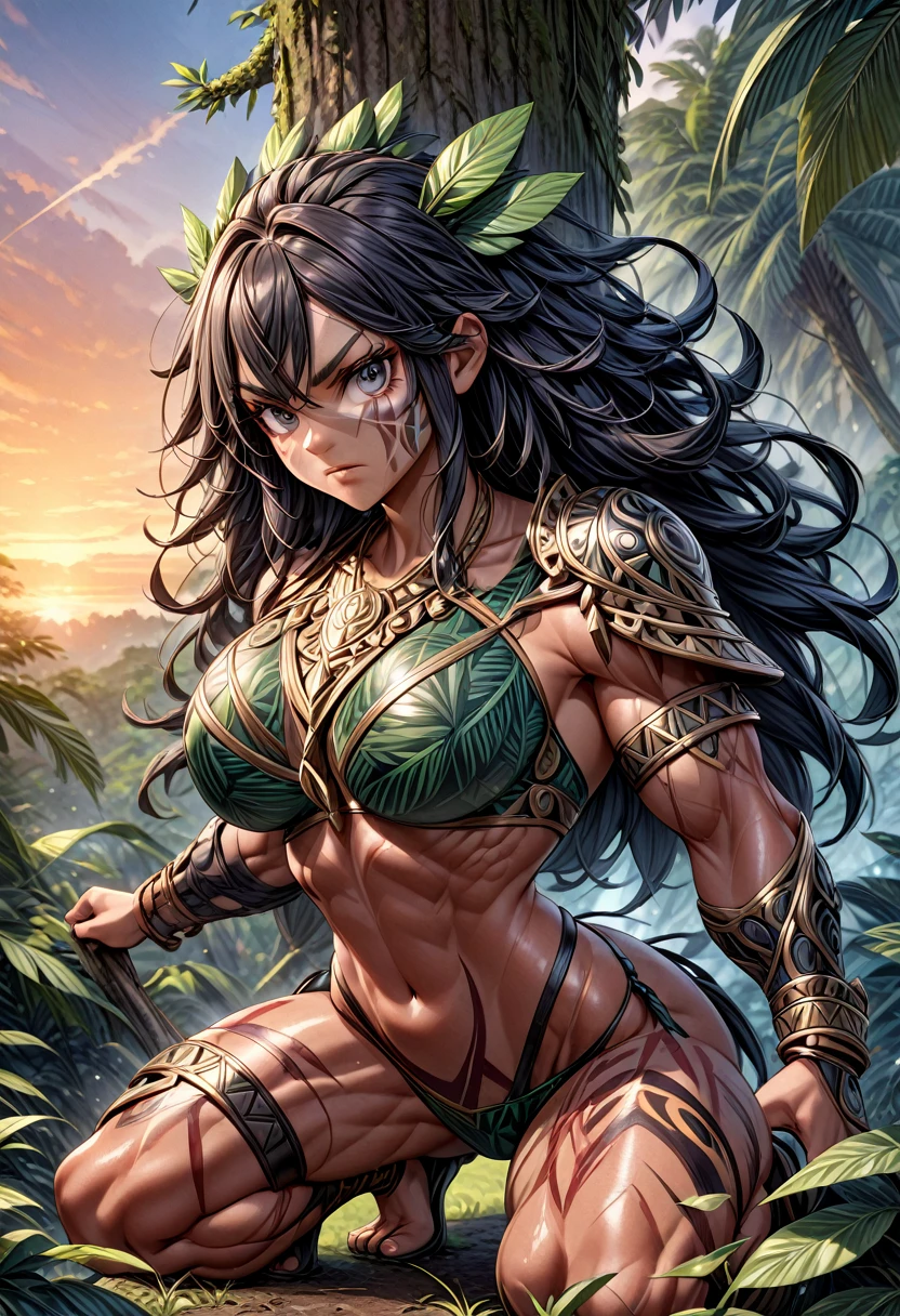 Ultra Quality, Extremely Detailed, High Resolution, Woman, (1girl), Tribal Huntress, medium shot, fighting stance, serious eyes, white eyes, nature, Dark Tropical Jungle, black hair, windy hair, curly hair, sunset, Amazon tribal outfit, Armored Amazon Huntress, armored arms, nature necklace, leather bracelets, nature bracelets, muscular body, biceps, full body war paint, (squatting on tree)