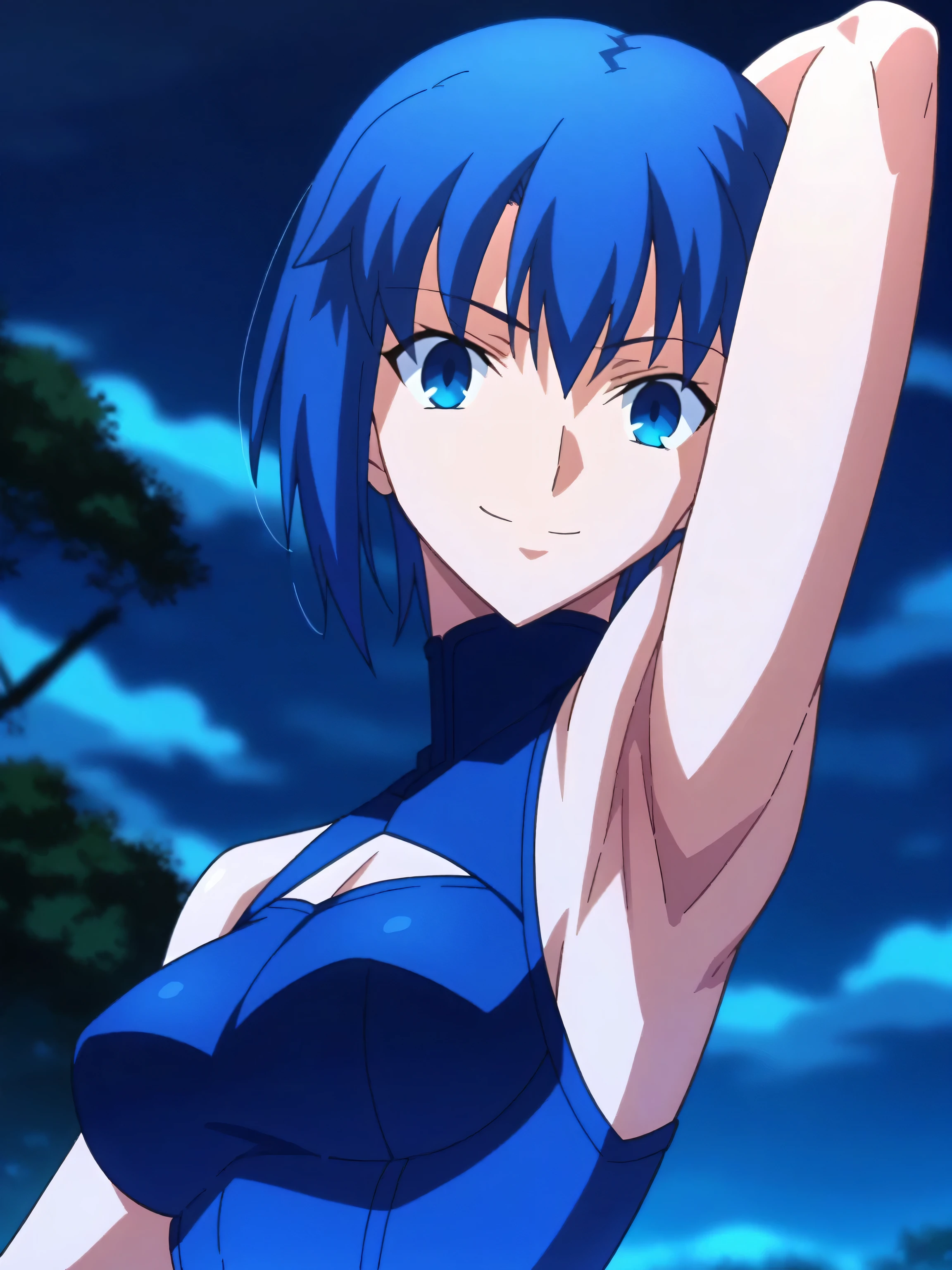 score_9, score_8_up, score_7_up, source_anime, anime screencap, outdoors, night, ciel, dark blue hair, dark blue outfit, clothes cutout, sleeveless, looking at viewer, eye contact with viewer, smile, closed mouth, arms up, raised arms, fate_go_style