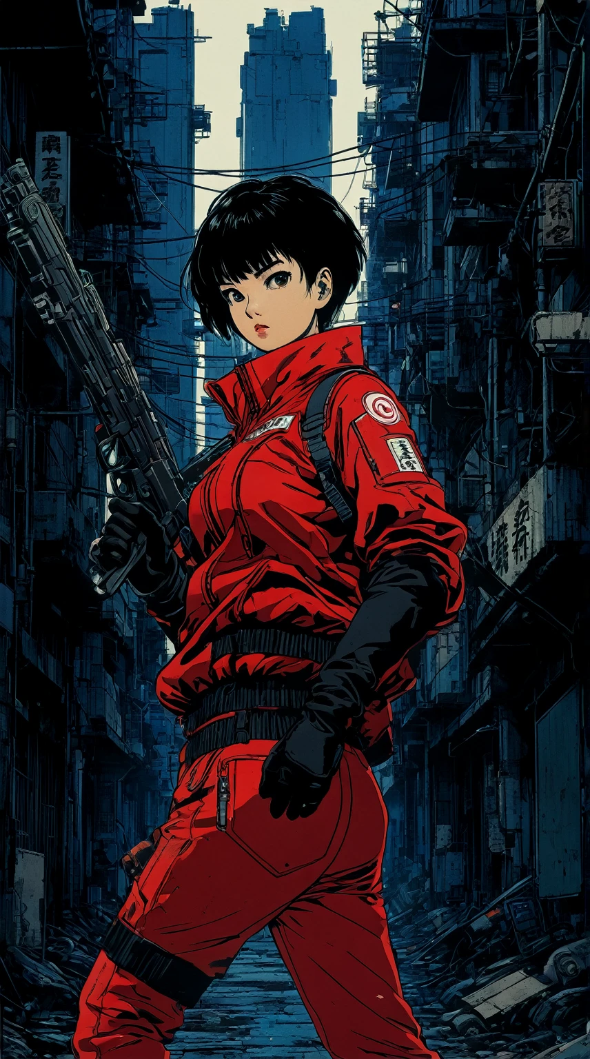 A woman in a red jumpsuit, inspired by the AKIRA and Katsuhiro Otomo style, stands in a gritty, dystopian city alley, aiming a futuristic firearm. She has short black hair, wearing black gloves, and her expression is focused and intense as she holds the weapon steady. The environment is dark and cyberpunk, with neon signs and decaying buildings lining the alley. The atmosphere captures the tension and rebellious energy of the AKIRA universe, with bold colors and detailed linework characteristic of Otomo’s style.