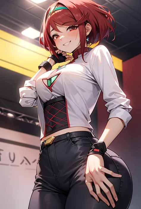 pyra homura, reddish hair in ponytail, white shirt with dark long sleeves, jeans, sneakers, fingerless gloves, room stage, woman...