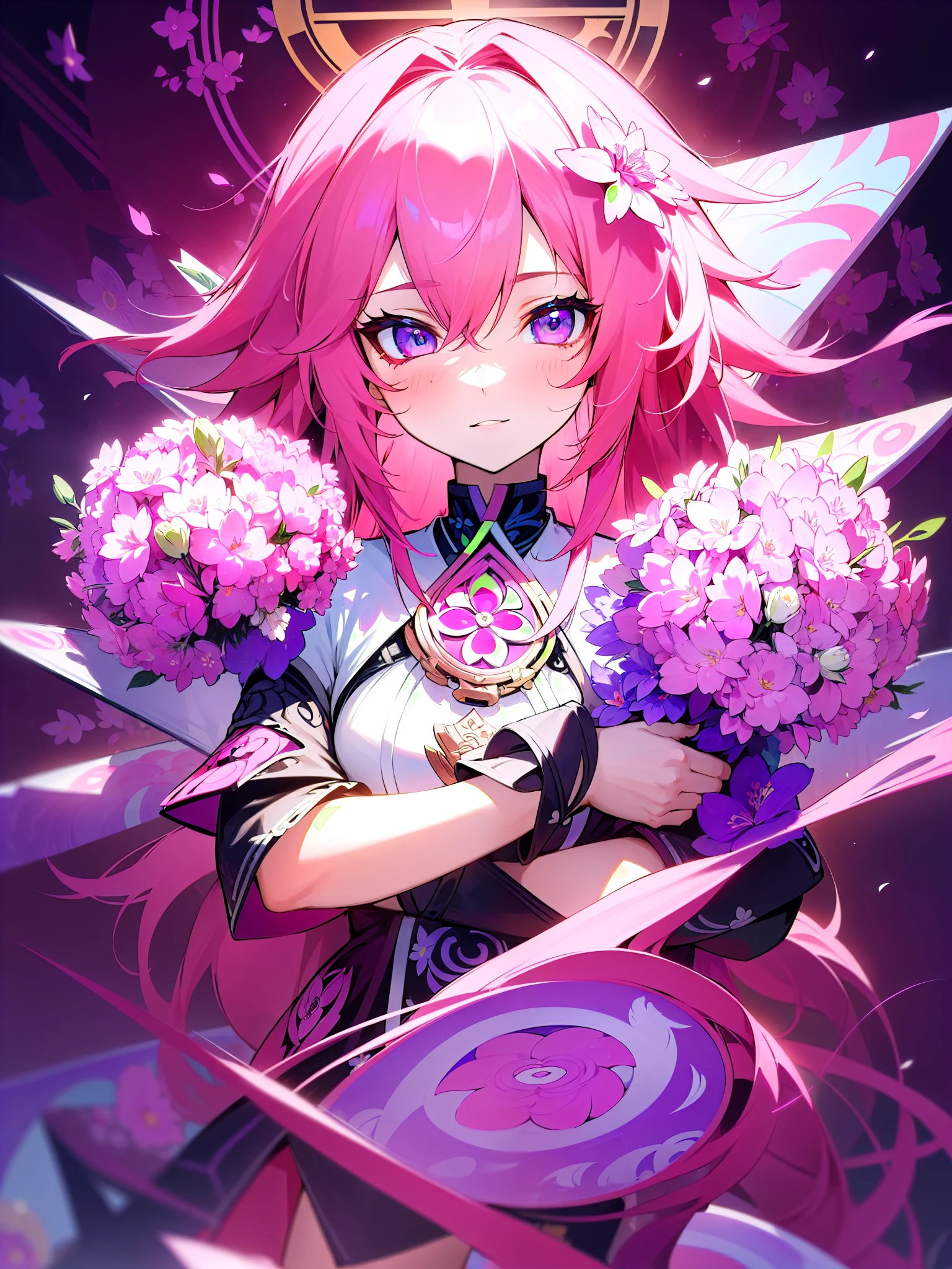 (ultra-detailed background, detailed background), absurdres, highres, ultra detailed, extremly detailed, 1girl, yae miko, pink hair, purple eyes, (bunch of flowers:1.3), (zentangle:1.2), (geometric:1.2),(colorful),