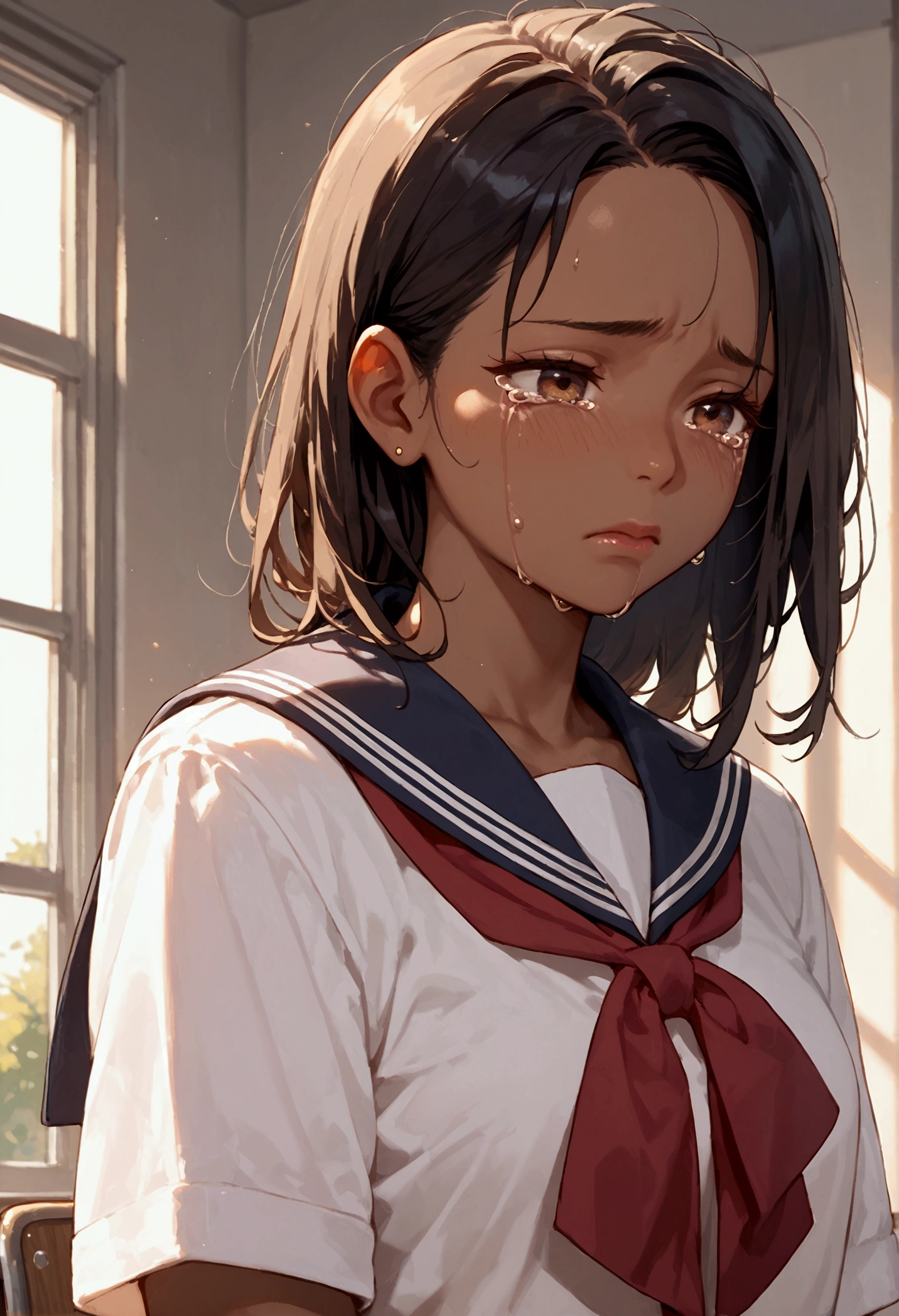 Score_9, score_8_up, score_7_up, 1 girl, (dark skinned:1.2), crying, school uniform