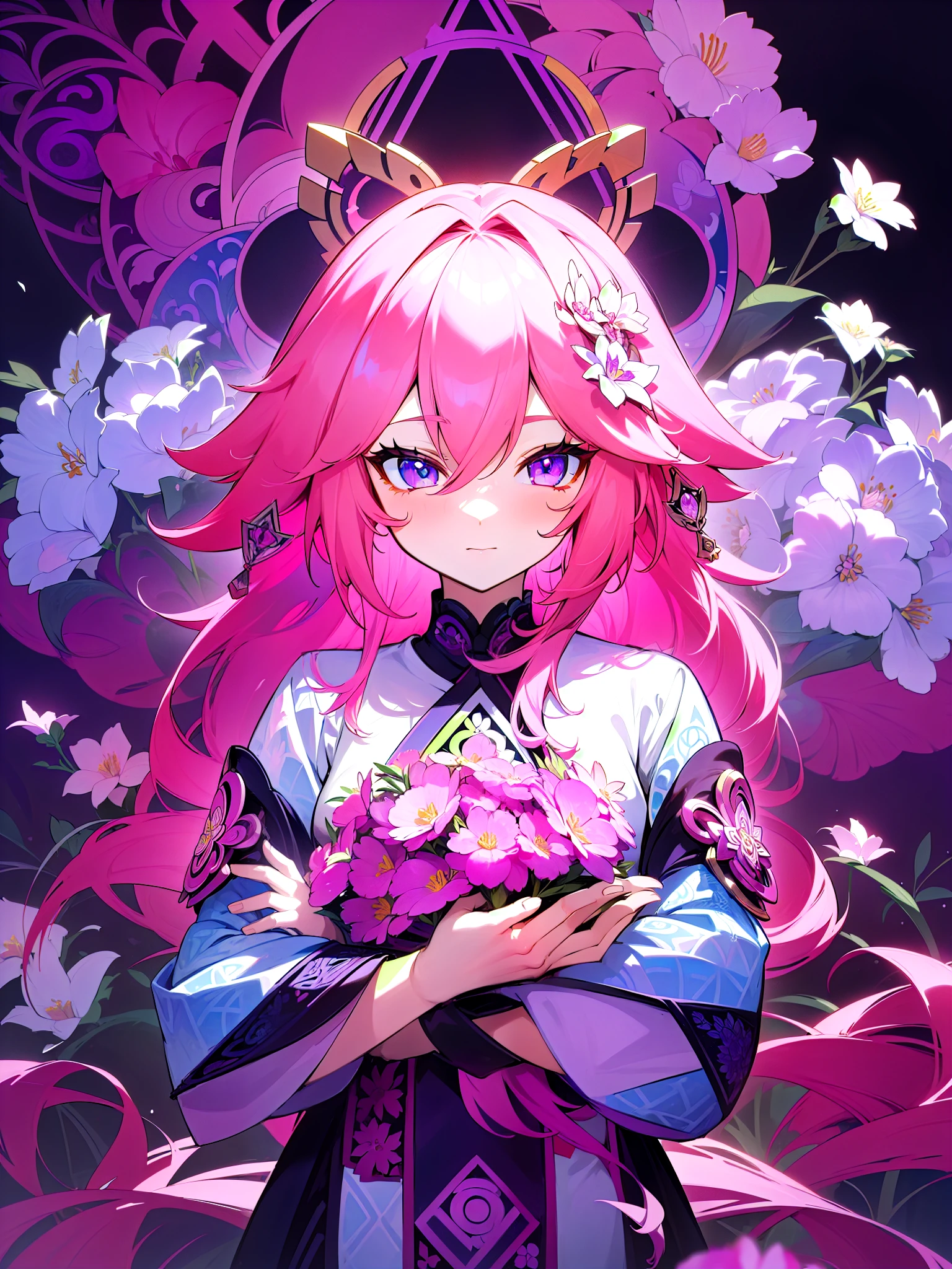 (ultra-detailed background, detailed background), absurdres, highres, ultra detailed, extremly detailed, 1girl, yae miko, pink hair, purple eyes, (bunch of flowers:1.3), (zentangle:1.2), (geometric:1.2),(colorful),