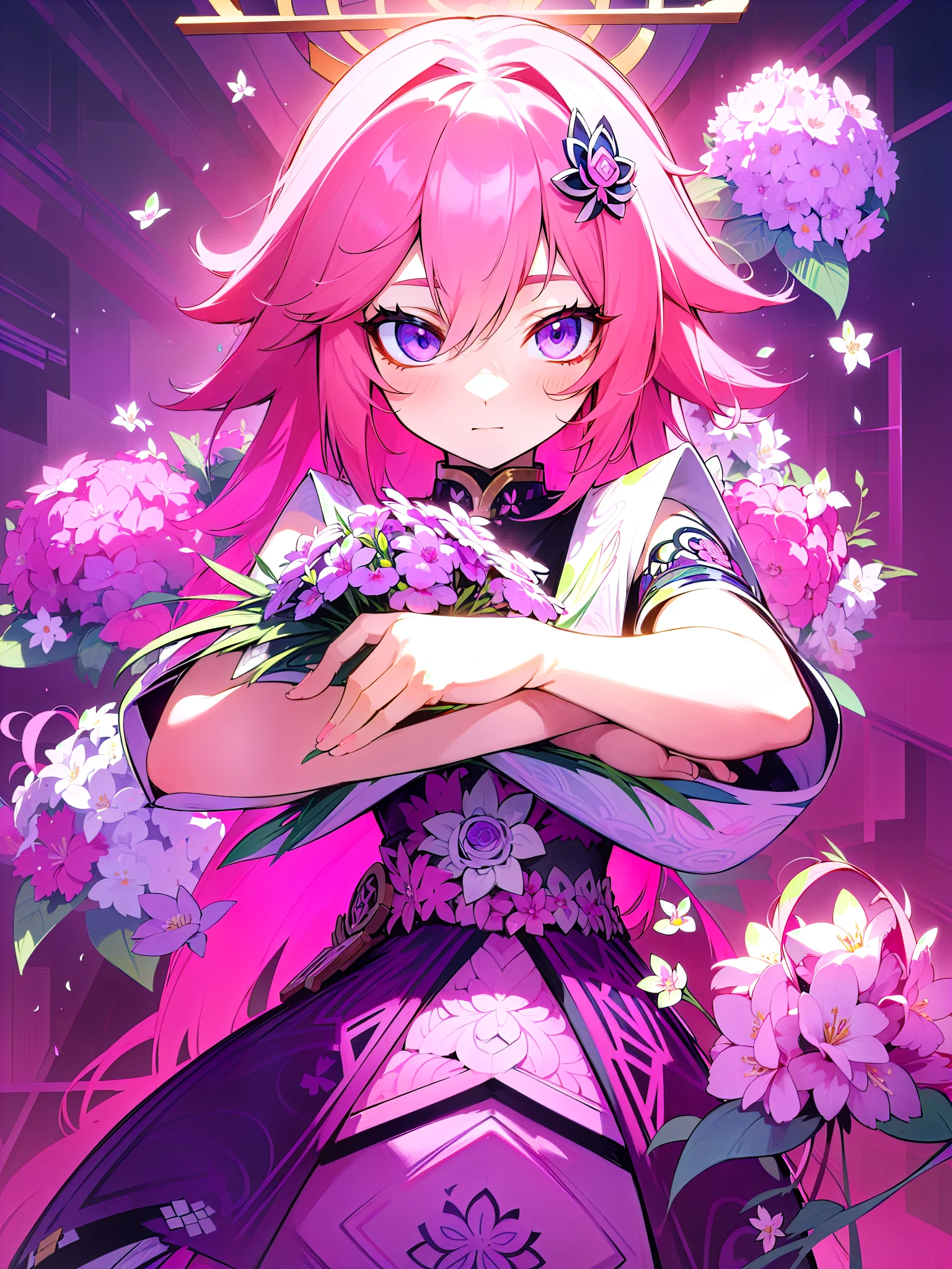 (ultra-detailed background, detailed background), absurdres, highres, ultra detailed, extremly detailed, 1girl, yae miko, pink hair, purple eyes, (bunch of flowers:1.3), (zentangle:1.2), (geometric:1.2),(colorful),