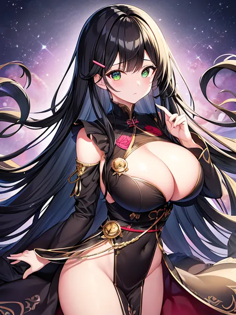 kamijourui
black hair, hairclip, hair ornament, bangs, very long hair, green eyes, large breasts,  var loadingcomment = &#39;you...