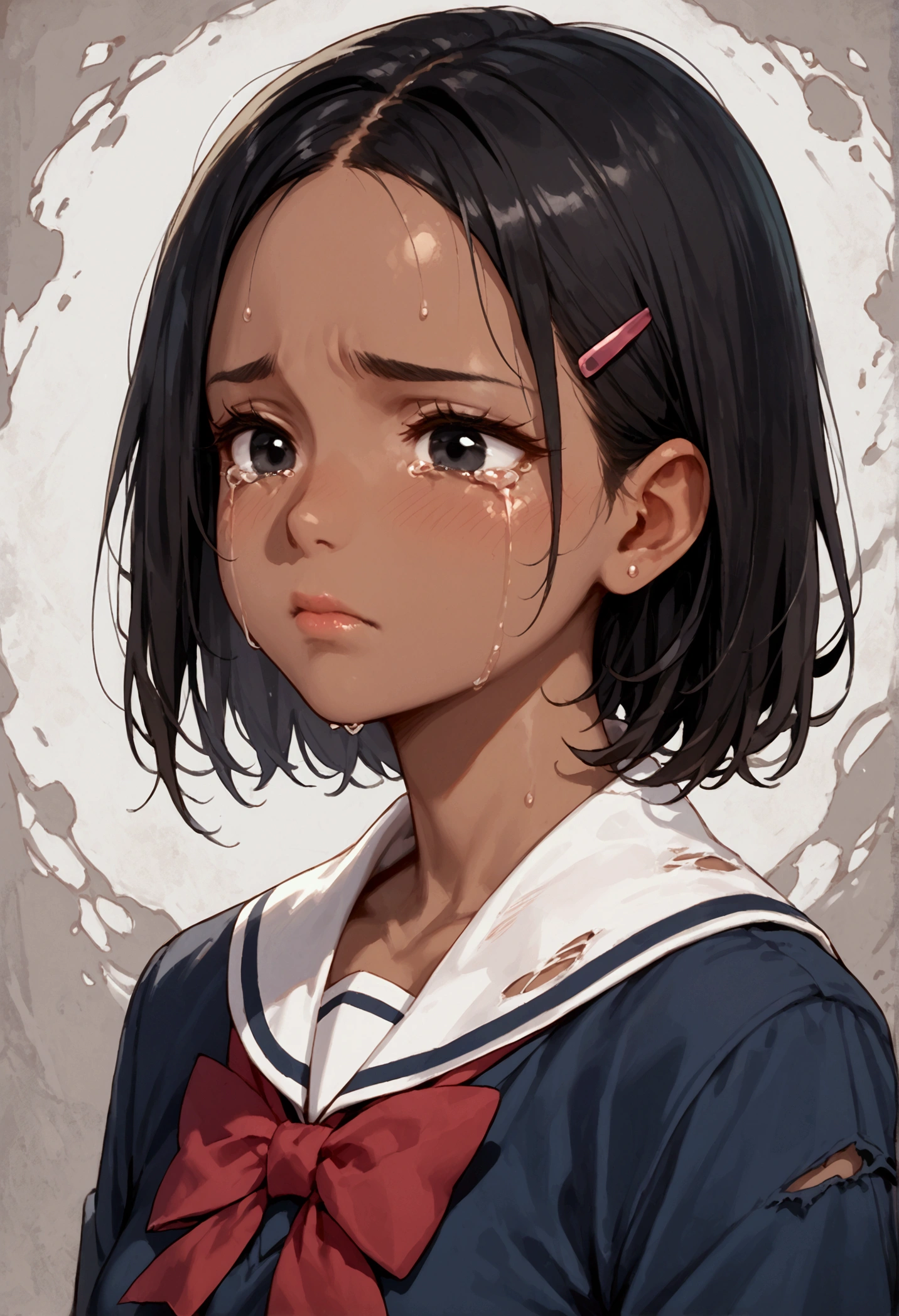 Score_9, score_8_up, score_7_up, 1 girl, (dark skinned:1.2), crying, ripped school uniform, black eyes