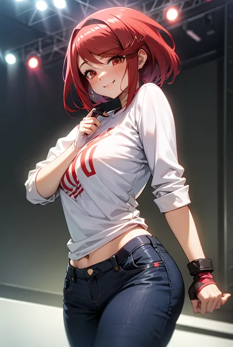 pyra homura, reddish hair in ponytail, white shirt with dark long sleeves, jeans, sneakers, fingerless gloves, room stage, woman...