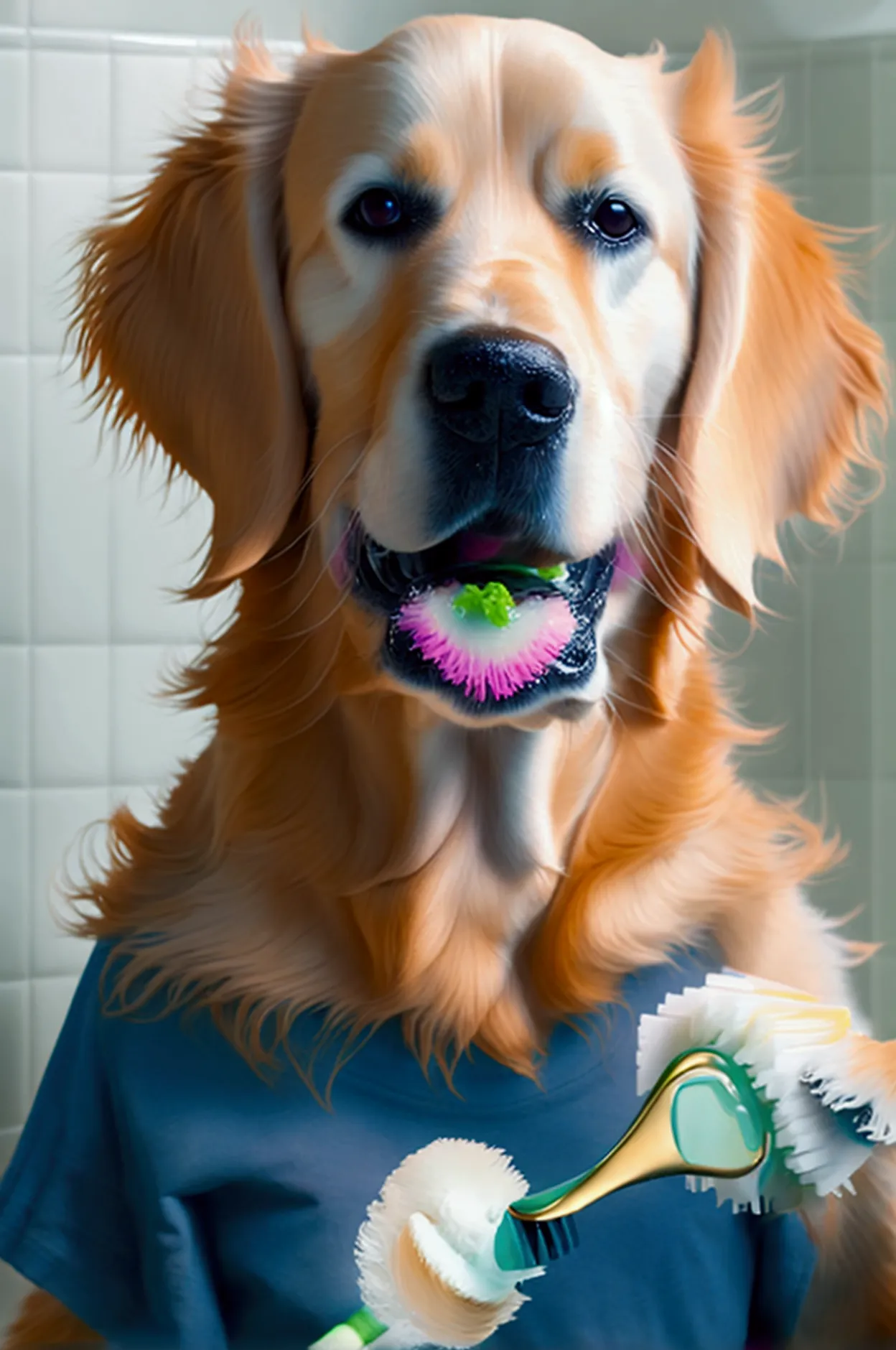 ((((golden retriever dog)),((brushing your teeth in the bathroom))),(((wearing a t-shirt))),anthropomorphic golden retriever dog...