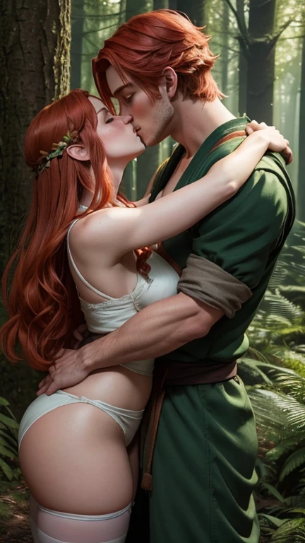 a man and a woman hugging in the forest, female link and malon kissing, first kiss of the peasant girl, Gregory and Manon, Adorable kiss, kisses are wordless spells, fairy tale style background, she has red hair and huge breasts, thick thighs,the boy is Naruto Uzomaki, strong body, anatomy correctly, Necessary,Ultra HD