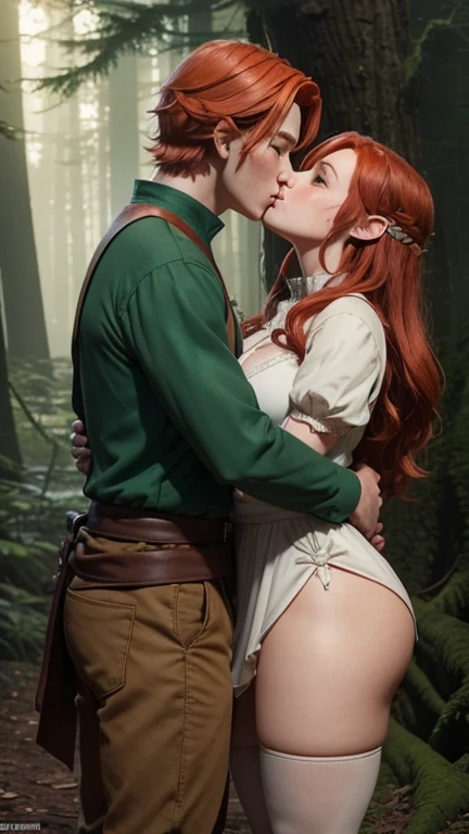 a man and a woman hugging in the forest, female link and malon kissing, first kiss of the peasant girl, Gregory and Manon, Adorable kiss, kisses are wordless spells, fairy tale style background, she has red hair and huge breasts, thick thighs,the boy is Naruto Uzomaki, strong body, anatomy correctly, Necessary,Ultra HD