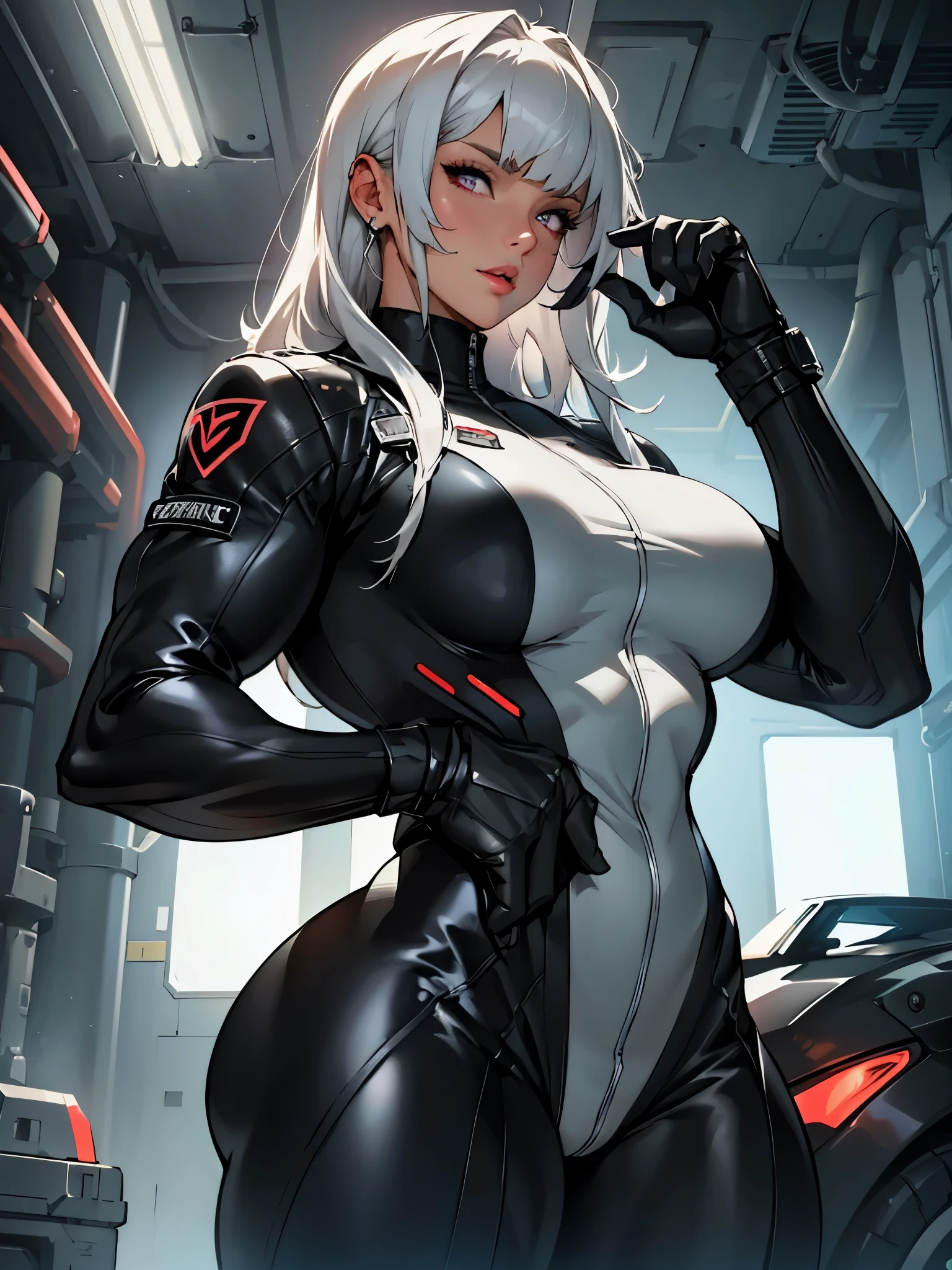 (Muscular woman), half white hair, half black hair, bangs, (detailed eyes), (detailed lips) ,black bodysuit, cropped jacket, (curvy), sci fi, solo (best quality)