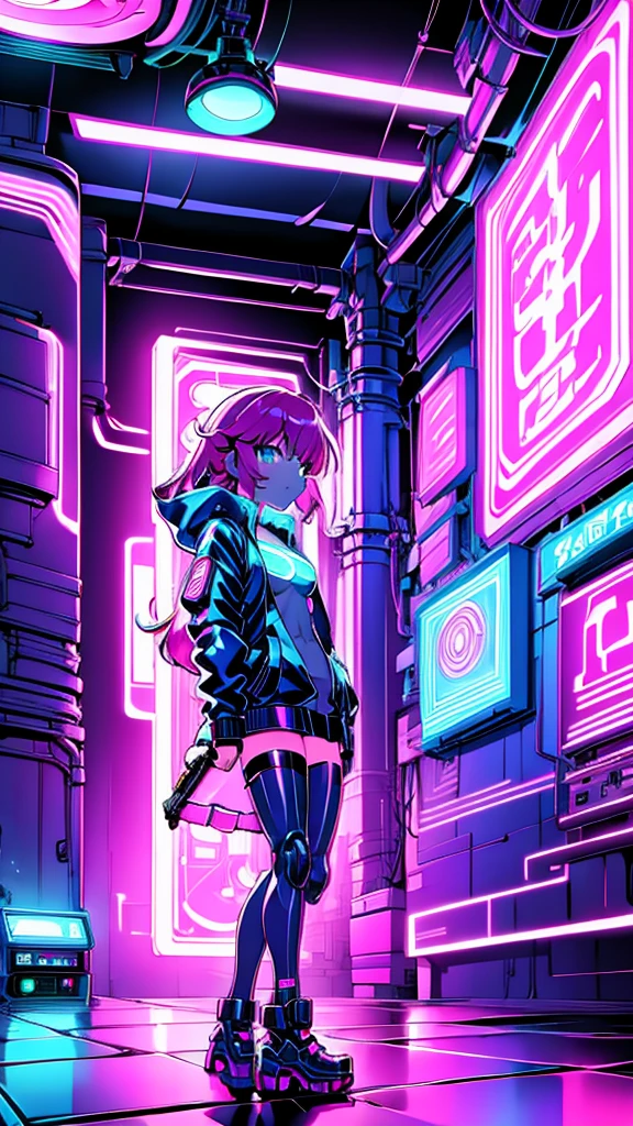 Background with neon signs and cyberpunk cityscape、A scene of an EDM DJ playing music。Pink haired beautiful girl。Face shooting only