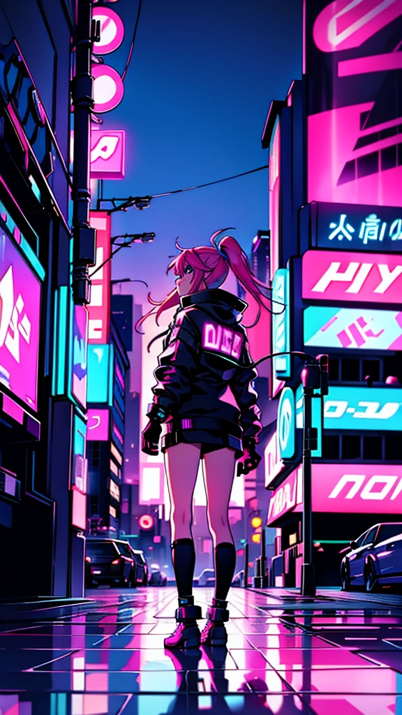 Background with neon signs and cyberpunk cityscape、EDM,DJ playing music。Pink haired beautiful girl。Face photography