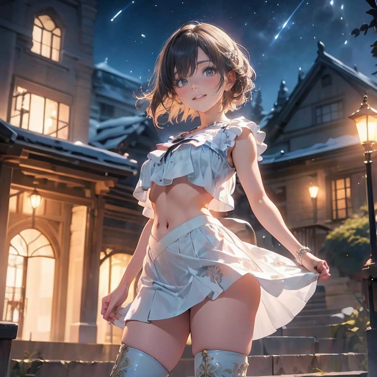 full body Waifu beautiful detailed eyes, beautiful detailed lips, extremely detailed eyes and face, longeyelashes, 1girl, sensual, young woman, sexy medium / large breasts, beautiful feminine face, nice sexy thighs, slim, sexy, erotic, beautiful clothes, perfect body, perfect anatomy of female, cinematic lighting and framing, (best quality,4k,8k,highres,masterpiece:1.2),ultra-detailed,digital painting,portrait,glamorous,highly detailed,soft lighting,warm color tones (High heel knee high boots)、(Sleeveless shirt with text print、belly button)、Tight mini skirt with slit、A 1 girl standing alone by a pillar on the stairs in front of the station at night.、Short Bob Hair、Medium breast、smile、Beautiful long legs、masterpiece:1.3、Raw photo quality、Highest quality、Detailed image quality、Detailed Background、White panties、Panty shot、