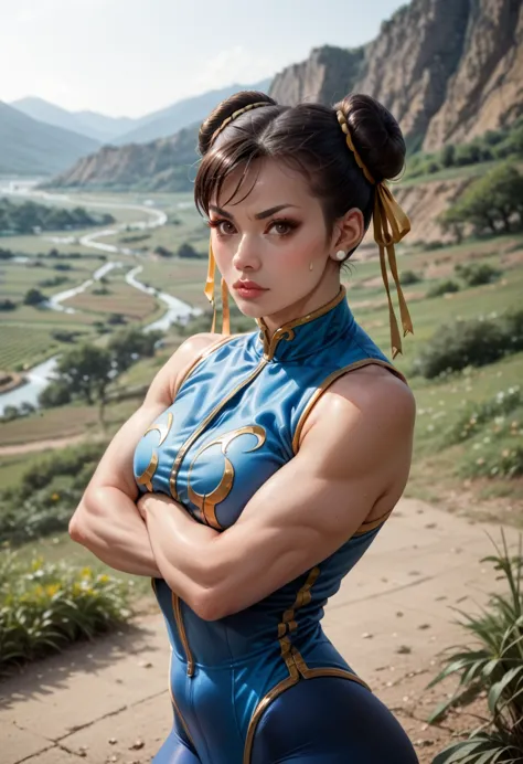 chun-li defined muscles, black hair, brown eyes, makeup, eyelashes, short hair, breasts, looking at viewer, fist in hand, lips, ...