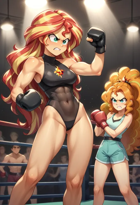 eqg in  adagio . bodystocking she is angry  boxing in ring.  sunset shimmer comic