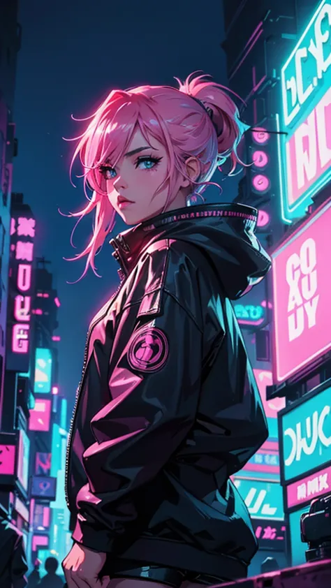 background with neon signs and cyberpunk cityscape、edm,dj playing music。pink haired beautiful girl。head-centered shot