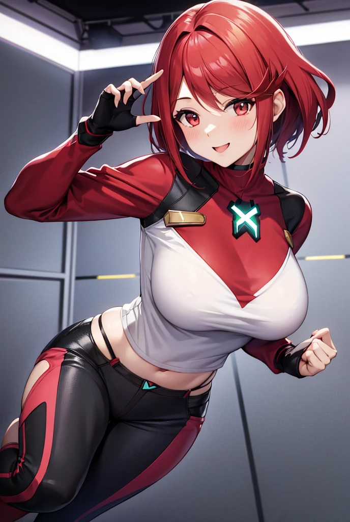 Pyra Homura, reddish hair in ponytail, white shirt with dark long sleeves, jeans, sneakers, fingerless gloves, room stage, woman to reactive and cute, provocative and affectionate demeanor, friendly and daring smile at the same time, noticeably in love, slight blush, provocative pose 