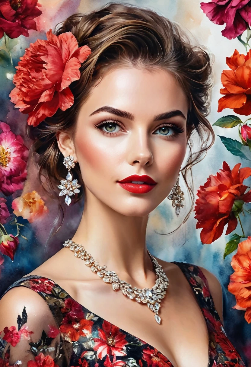 Watercolor paint, A masterpiece. beautiful and realistic woman, detailed face, crystal clear amber eyes, red lipstick, flowing brown hair, dried red flower in hair, delicate earrings and necklace, red and black shiny satin floral dress, exposed shoulders, flower background, portrayed from the knees up, stunning image, Bokeh background, Ultra HD.