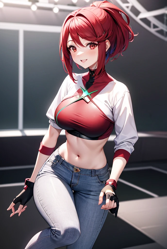 Pyra Homura, reddish hair in ponytail, white shirt with dark long sleeves, jeans, sneakers, fingerless gloves, room stage, woman to reactive and cute, provocative and affectionate demeanor, friendly and daring smile at the same time, noticeably in love, slight blush, provocative pose 