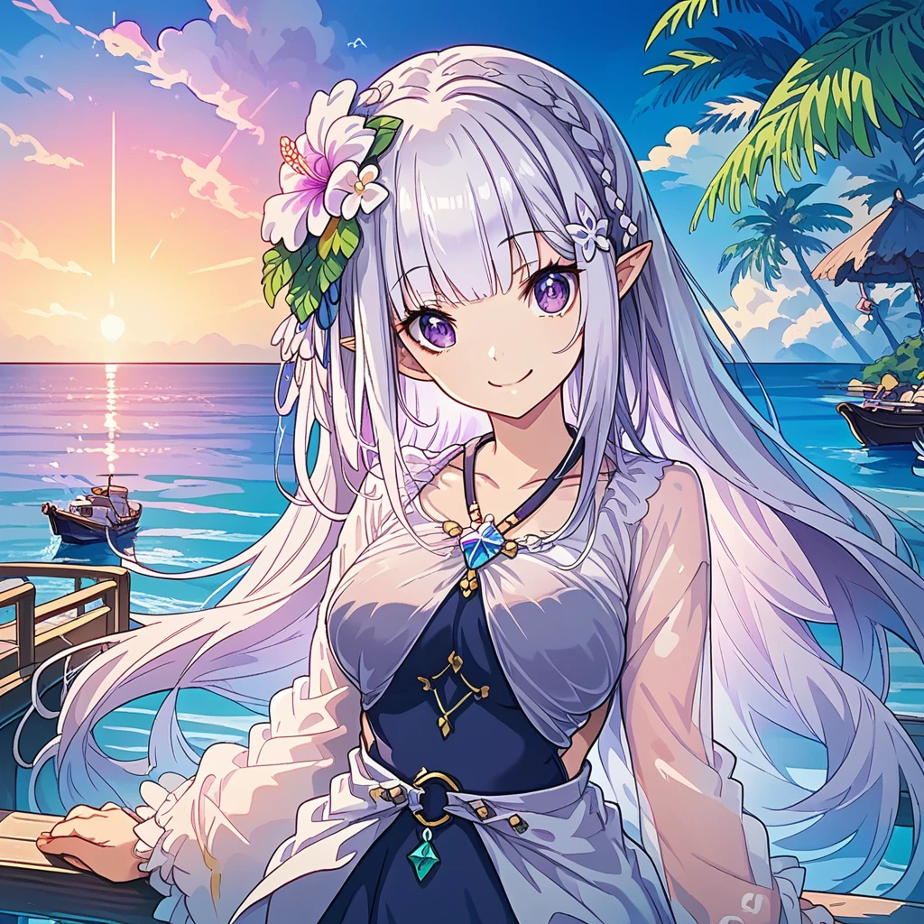 emilia, One girl,ysk, milf,  Long Hair, Silver Hair, Purple eyes, Pointed Ears, Hair Flower, Swimwear, see-through, Tropical Sea, Pier、Boat、evening, Beautiful sunset, Smile break The face is depicted in detail down to each individual eyelash, super detailed face, ((super detailed eye)), sharp focus、masterpiece、16K, highres, super details, uhd, masterpiece、Beautiful attention to detail:1.2, Perfect lighting, (perfect hand, perfect anatomy), Precise depiction, game cg, Vibrant colors