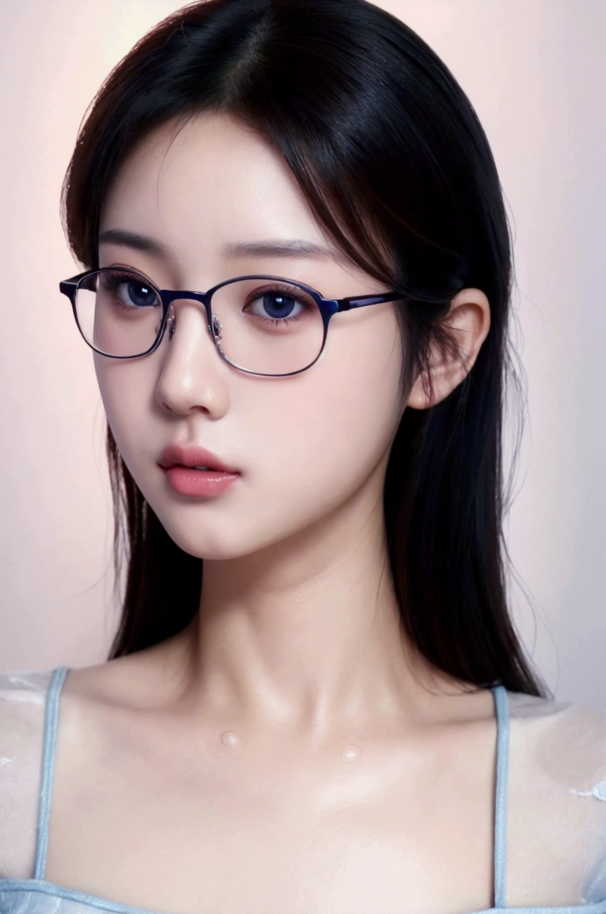 beautiful detailed eyes, beautiful detailed lips, extremely detailed eyes and face, long eyelashes, young asian woman, glasses, blue shirt, posing for a photo, smooth translucent white skin, korean girl, thick glasses, square glasses, big round glasses, nerdy appearance, yanjun chengt, young and cute girl, (best quality,4k,8k,highres,masterpiece:1.2),ultra-detailed,(realistic,photorealistic,photo-realistic:1.37), studio lighting, vivid colors, portrait