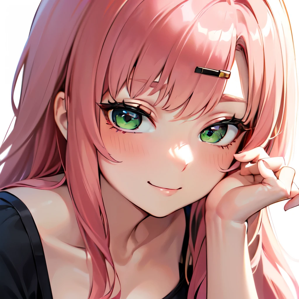 ,(Highly detailed CG, High resolution, Highest quality, masterpiece,very aesthetic),white background,upper body,(1 (adult) woman,solo,Nicole Demara(zzz),(beautiful face,perfect face,highly detailed beautiful face and eyes,attractive face),hands on hip,((pink hair)),long hair,two-side up,black hair Ribbon,Hair Clip,(the ((long)) ((((white)))) Tube top,writing),stomach a little,Large Breasts,black (((short))) jeans,((green Eyes)),(((((slender eyes))))),bare neck,bare arms,toned,skinny,looking away,leaning forward,arched back,blush,happy,smile,glad,(the ((long)) ((((white)))) Tube top,writing)),