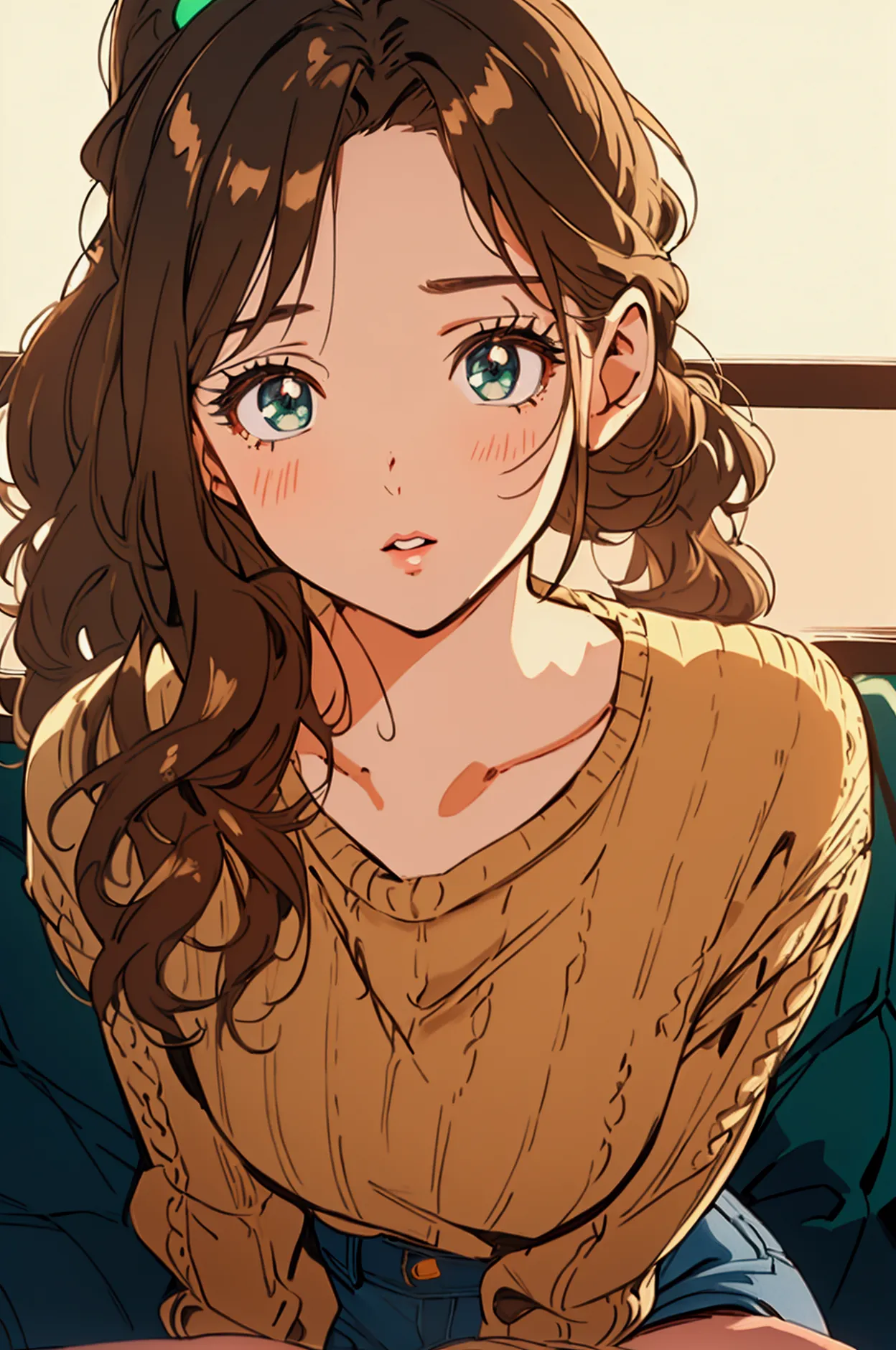 a woman with brown wavy hair in a high ponytail, green eyes, colorful sweater, denim mini skirt, retro anime style, beautiful de...