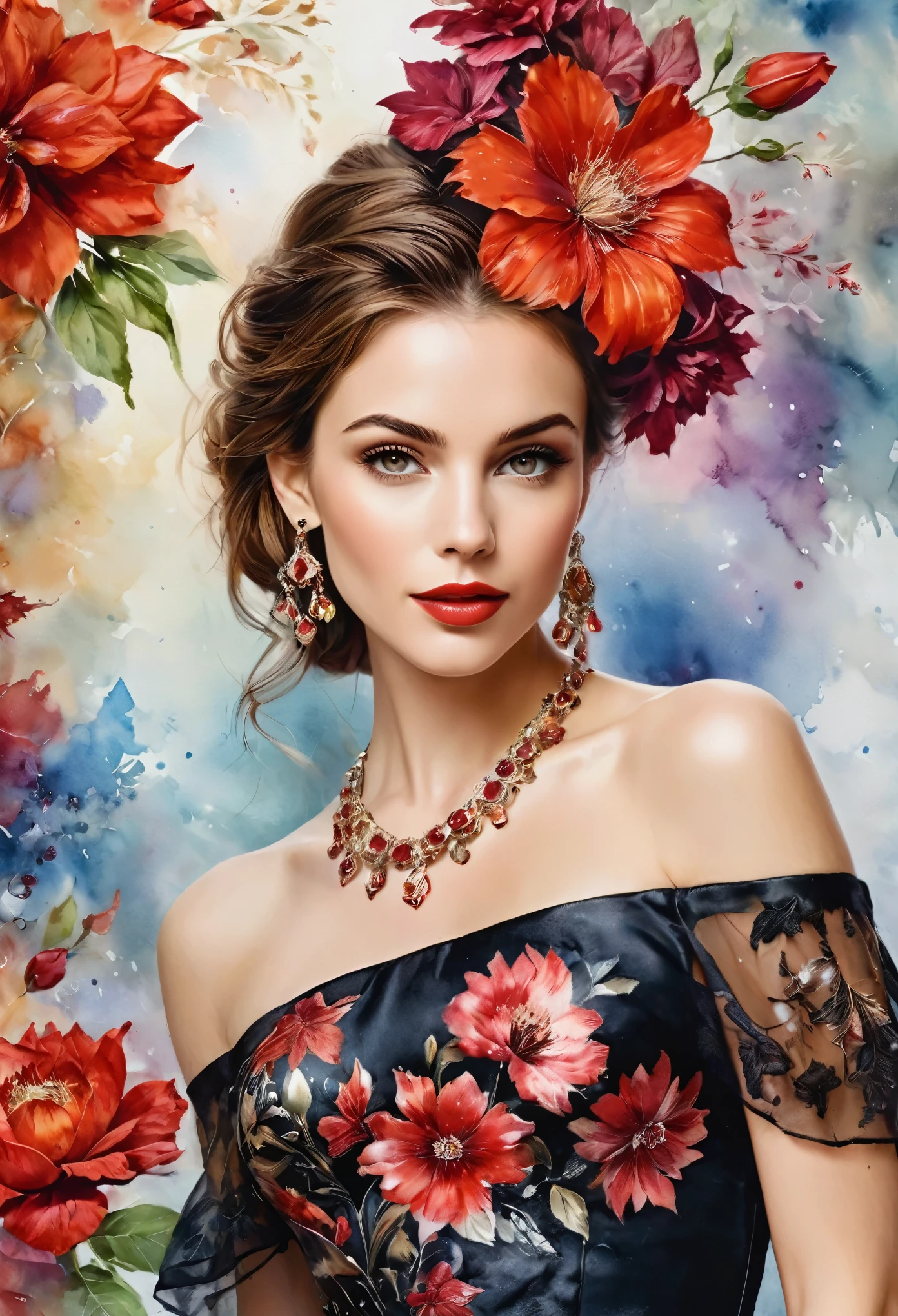 Watercolor paint, A masterpiece. beautiful and realistic woman, detailed face, crystal clear amber eyes, red lipstick, flowing brown hair, dried red flower in hair, delicate earrings and necklace, red and black shiny satin floral dress, exposed shoulders, flower background, portrayed from the knees up, stunning image, Bokeh background, Ultra HD.