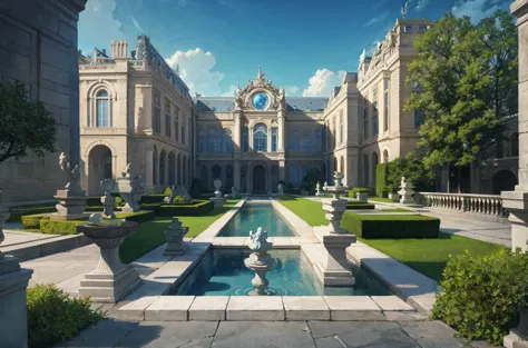 photorealistic, masterpiece, best quality, a grand baroque-style french palace with sprawling formal gardens, marble statues, an...