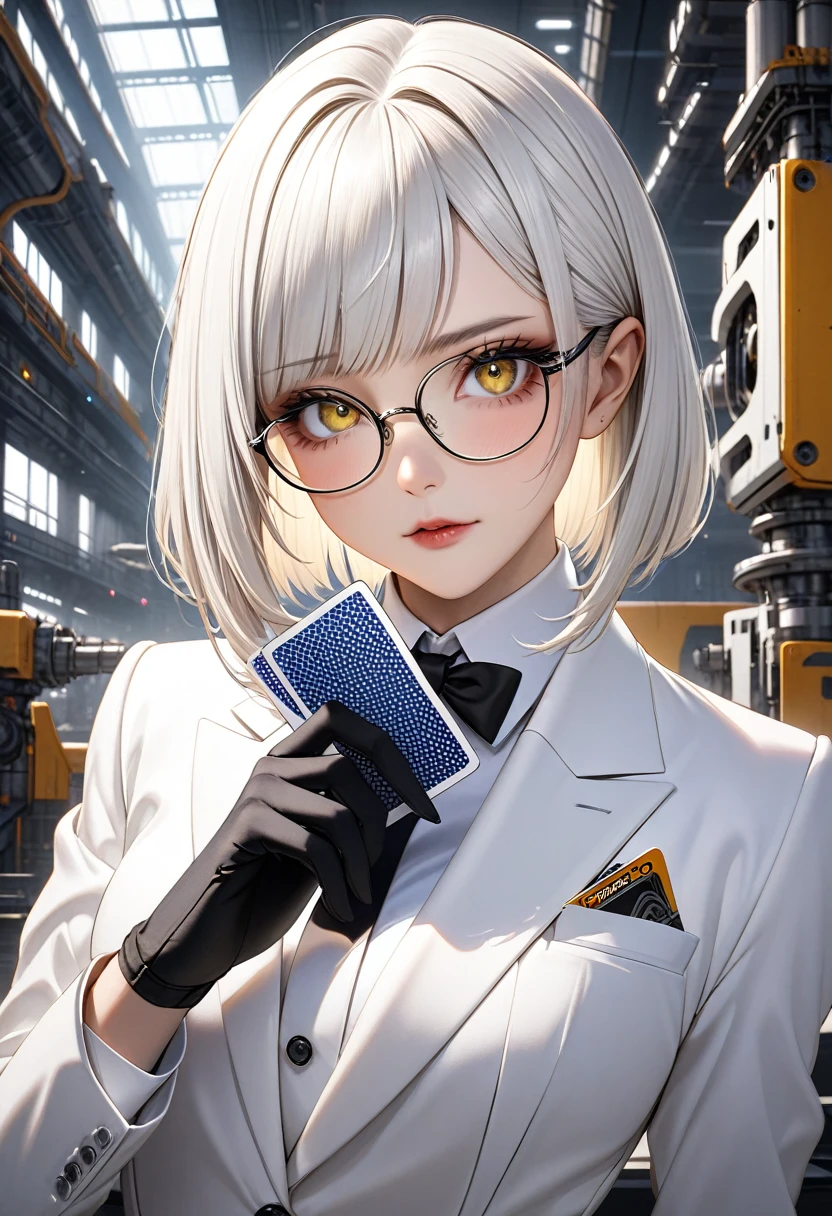 Ultra Quality, Extremely Detailed, High Resolution, Woman, (1girl), medium shot, 25year old, Japanese Woman, arrogant eyes, selfish eyes, yellow eyes, glasses, white hair, straight hair, bob, futuristic factory, elegant white tuxedo, black gloves, holding cards, looking to camera