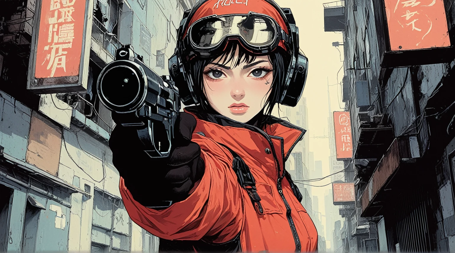 A woman in a red jumpsuit, inspired by the AKIRA and Katsuhiro Otomo style, stands in a gritty, dystopian city alley, aiming a futuristic firearm. She has short black hair, wearing black gloves, and her expression is focused and intense as she holds the weapon steady. The environment is dark and cyberpunk, with neon signs and decaying buildings lining the alley. The atmosphere captures the tension and rebellious energy of the AKIRA universe, with bold colors and detailed linework characteristic of Otomo’s style.