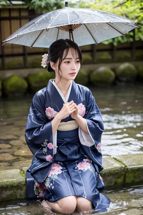 1 person、real、wet、hakama、japanese、kimono、women、、long-sleeved kimono、long hakama、soaking wet、hakama、whole body、tabi、hakama with w...