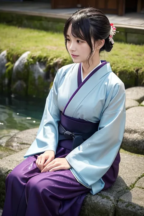 1 person、real、wet、hakama、japanese、kimono、women、、long-sleeved kimono、long hakama、soaking wet、hakama、whole body、tabi、hakama with w...