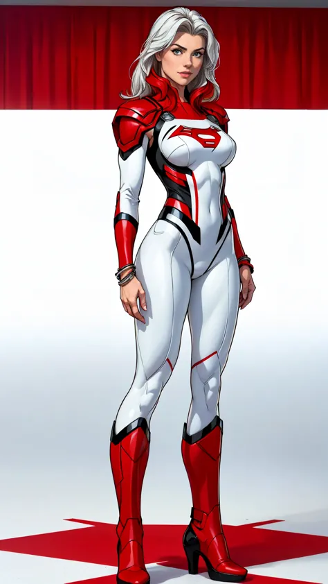 ((Full body shot, standing, feet on the ground)) (best quality, 4k, 8k, high resolution, masterpiece: 1.2), ultra-detailed, fishnets, (realistic, photorealistic, photorealistic: 1.37 ), full body photo, supergirl, high boots, silver red, beauty pose, standing, shoulder pads, arms showing, bracelets, show feet, outside, white background, red uniform, black and white

