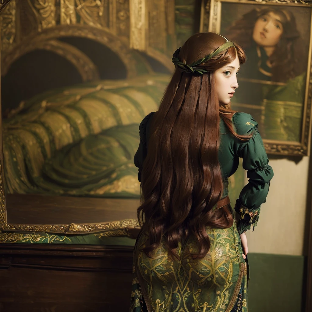 (masterpiece : 1.4), (pre-raphaelite style:1.7), best quality, (((portrait, close-up))), (((view from behind))). A 19th-century, Victorian woman. uncensored, teen, full body 