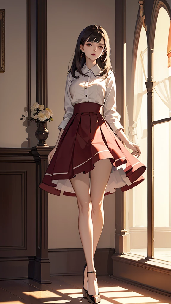 (masterpiece), (The best quality), (Ultra detailed), (The best illustration), (the best shadow), cute woman、skirt、Red high heels、whole cuerpo levantar skirt、(masterpiece:1.4), (the highest quality:1.4), soft lighting, 20 year old girl, skirt , (perfection_rostro),  dramatic lighting, 4k