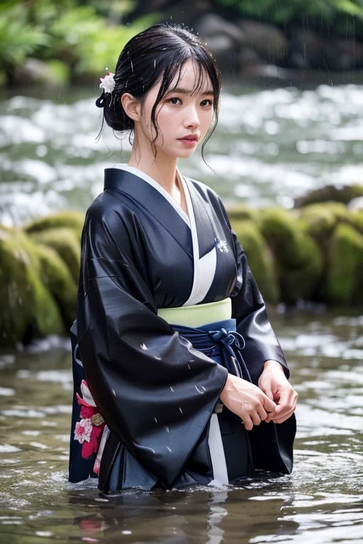 1 person、Real、Wet、Hakama、Japanese、kimono、Women、、Long-sleeved kimono、long hakama、soaking wet、Hakama、whole body、tabi、Hakama with wet texture、Water play Bathing、rain、river、Clothes that stick to the skin、floral kimono、cloth that absorbs water、sit