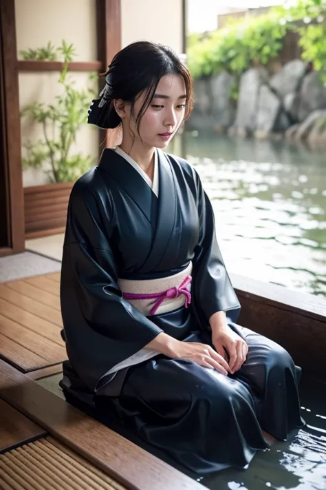 1 person、real、wet、hakama、japanese、kimono、women、、long-sleeved kimono、long hakama、soaking wet、hakama、whole body、tabi、hakama with w...