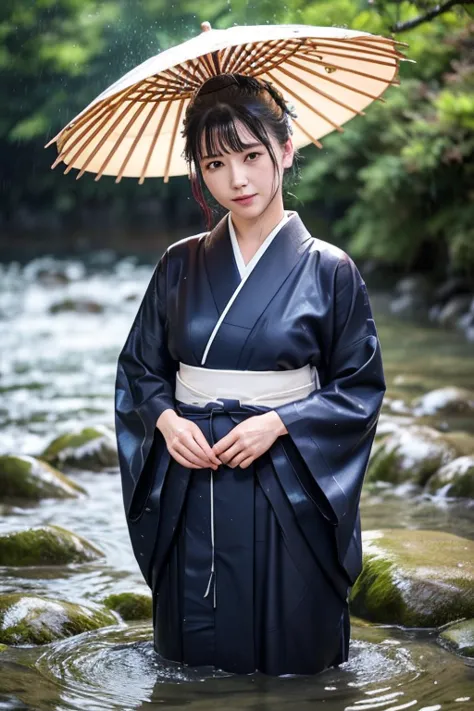 1 person、real、wet、hakama、japanese、kimono、women、、long-sleeved kimono、long hakama、soaking wet、hakama、whole body、tabi、hakama with w...