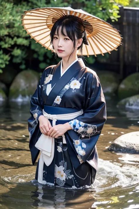 1 person、real、wet、hakama、japanese、kimono、women、、long-sleeved kimono、long hakama、soaking wet、hakama、whole body、tabi、hakama with w...