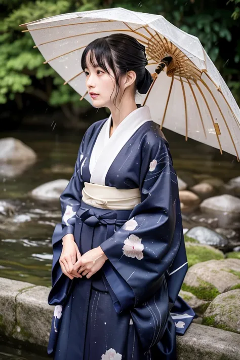 1 person、real、wet、hakama、japanese、kimono、women、、long-sleeved kimono、long hakama、soaking wet、hakama、whole body、tabi、hakama with w...