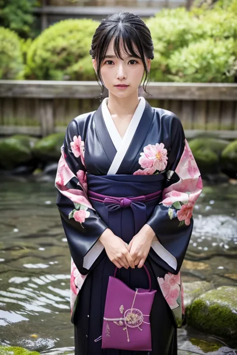 1 person、real、wet、hakama、japanese、kimono、women、、long-sleeved kimono、long hakama、soaking wet、hakama、whole body、tabi、hakama with w...