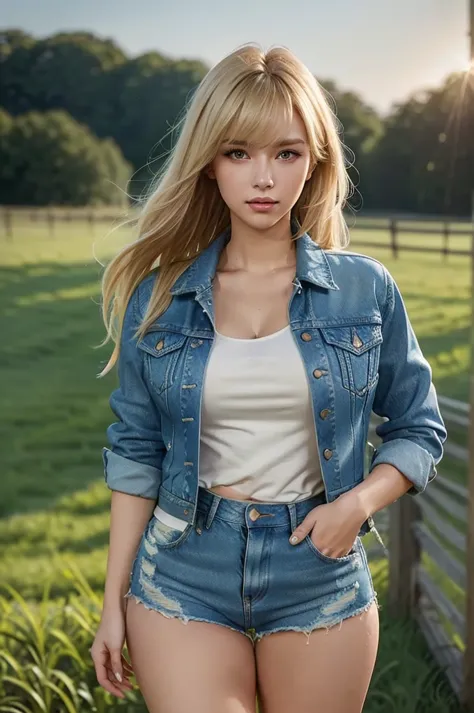 ((best quality)), ((work of art)), (detailed), blonde hair, bangs between the eyes, plano americano, ((wearing a denim jacket an...