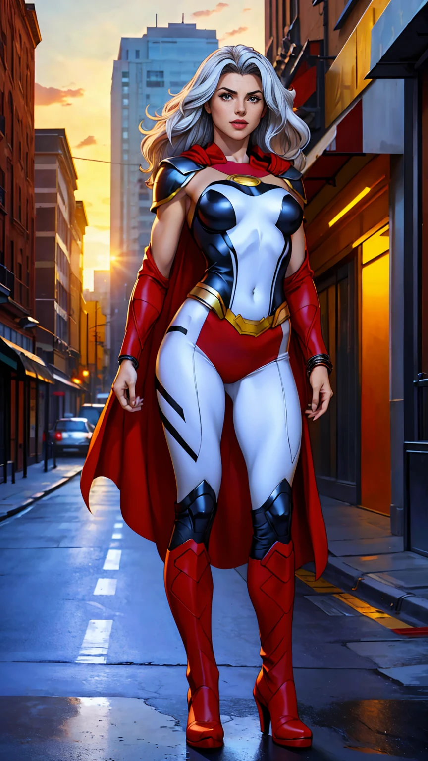 ((Full body shot, standing, feet on the ground)) (best quality, 4k, 8k, high resolution, masterpiece: 1.2), ultra-detailed, fishnets, (realistic, photorealistic, photorealistic: 1.37 ), full body photo, supergirl, high boots, silver red, beauty pose, standing, shoulder pads, arms showing, bracelets, show feet, outside, light background, red uniform, black and white , heroine cape, voluminous hair, hand on waist, heroine pose

