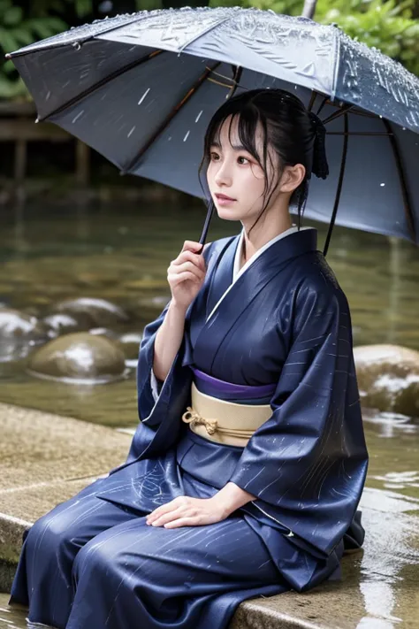 1 person、real、wet、hakama、japanese、kimono、women、、long-sleeved kimono、long hakama、soaking wet、hakama、whole body、tabi、hakama with w...