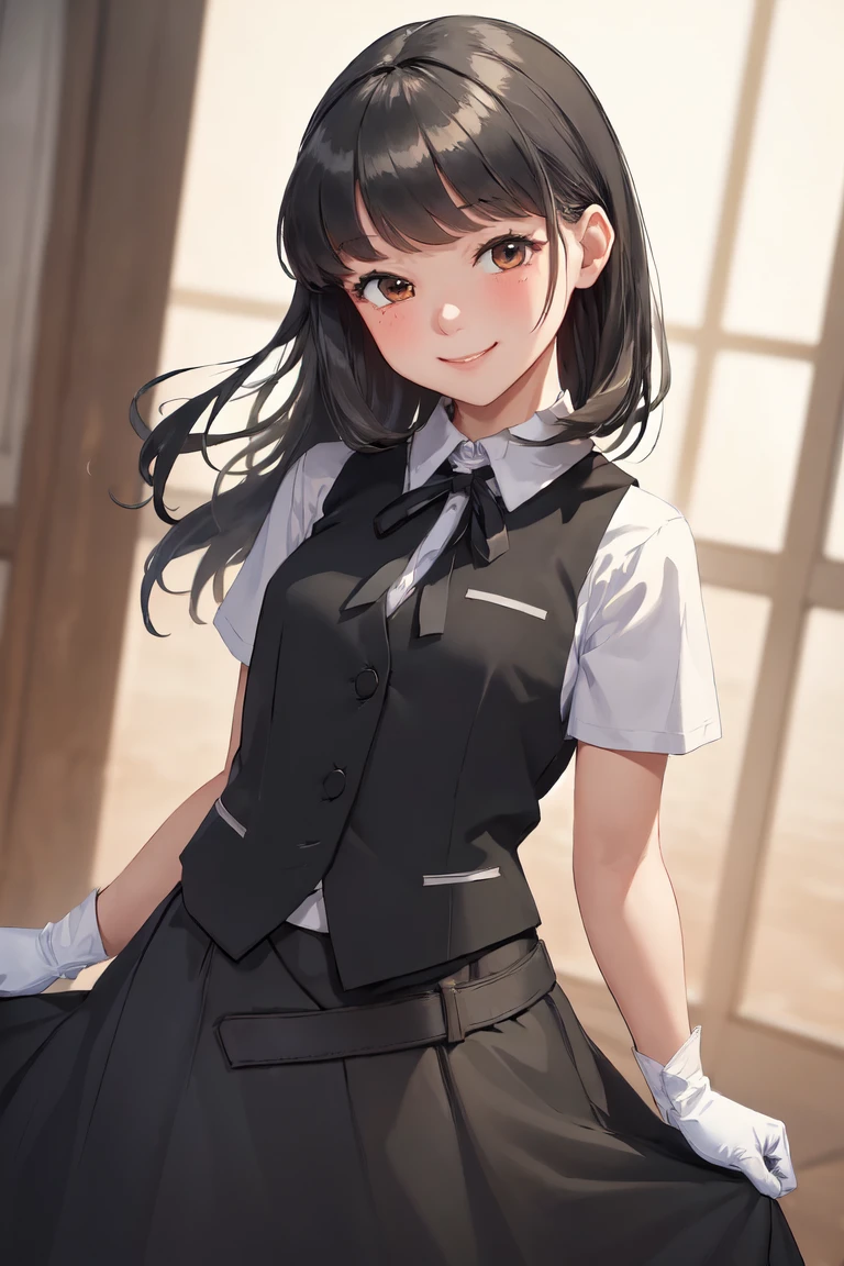 (masterpiece, Highest quality:1.2), Cowboy Shot, alone, One girl, Early tide, smile, View your viewers, Put your arms behind your back,  White shirt, Neck ribbon, Short sleeve, Black vest, Black Skirt, White gloves