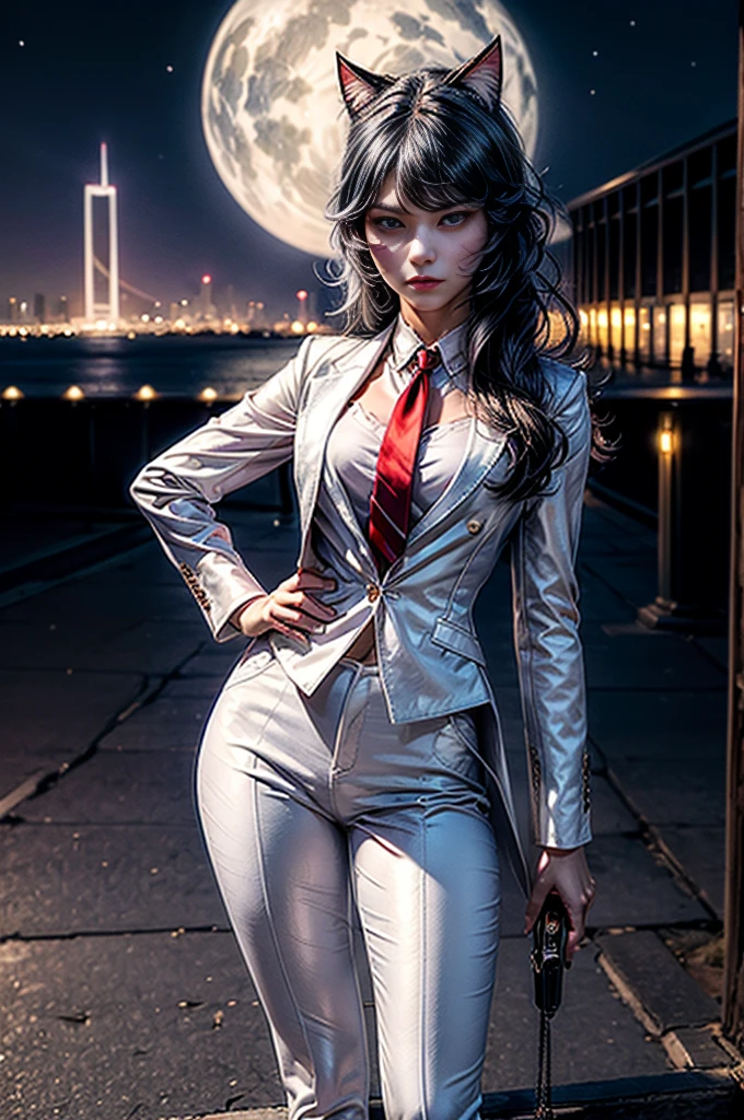 (masterpiece, best quality:1.2), solo, 1girl, cowboy shot, blake belladonna, expressionless, closed mouth, looking at viewer,  cat ears, formal, white suit, red necktie, white pants, pointy footwear, standing in cityscape, night, stars, crowd